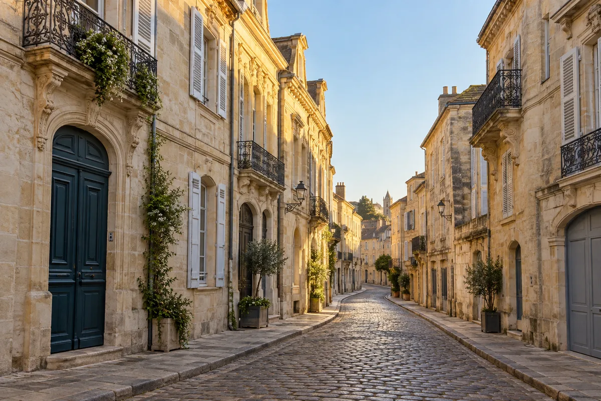 Rue bordelaise aux façades de pierre blonde dans la lumière du petit matin