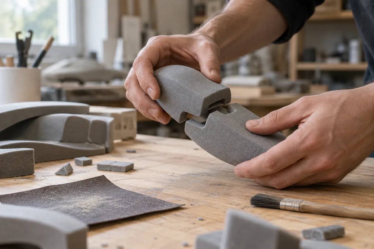 Mains assemblant un prototype en mousse grise sur un établi d&rsquo;atelier