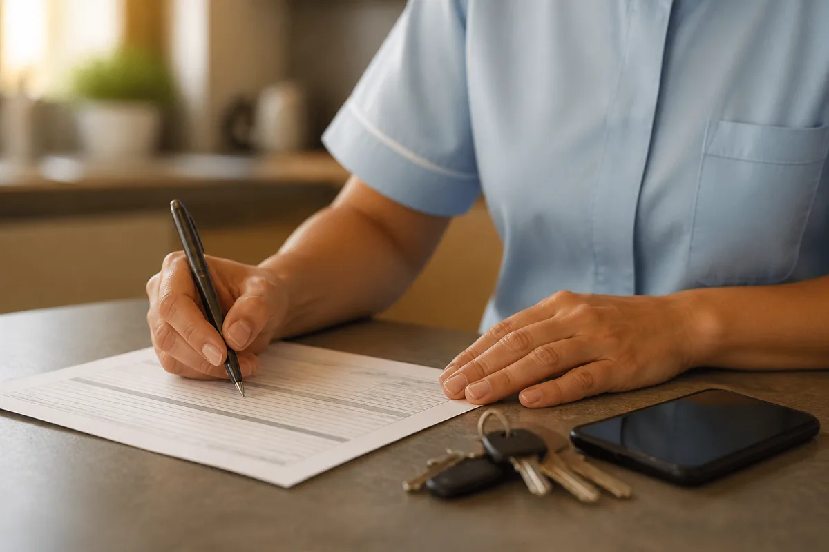 Aide a domicile remplissant un formulaire papier sur une table de cuisine avec un stylo