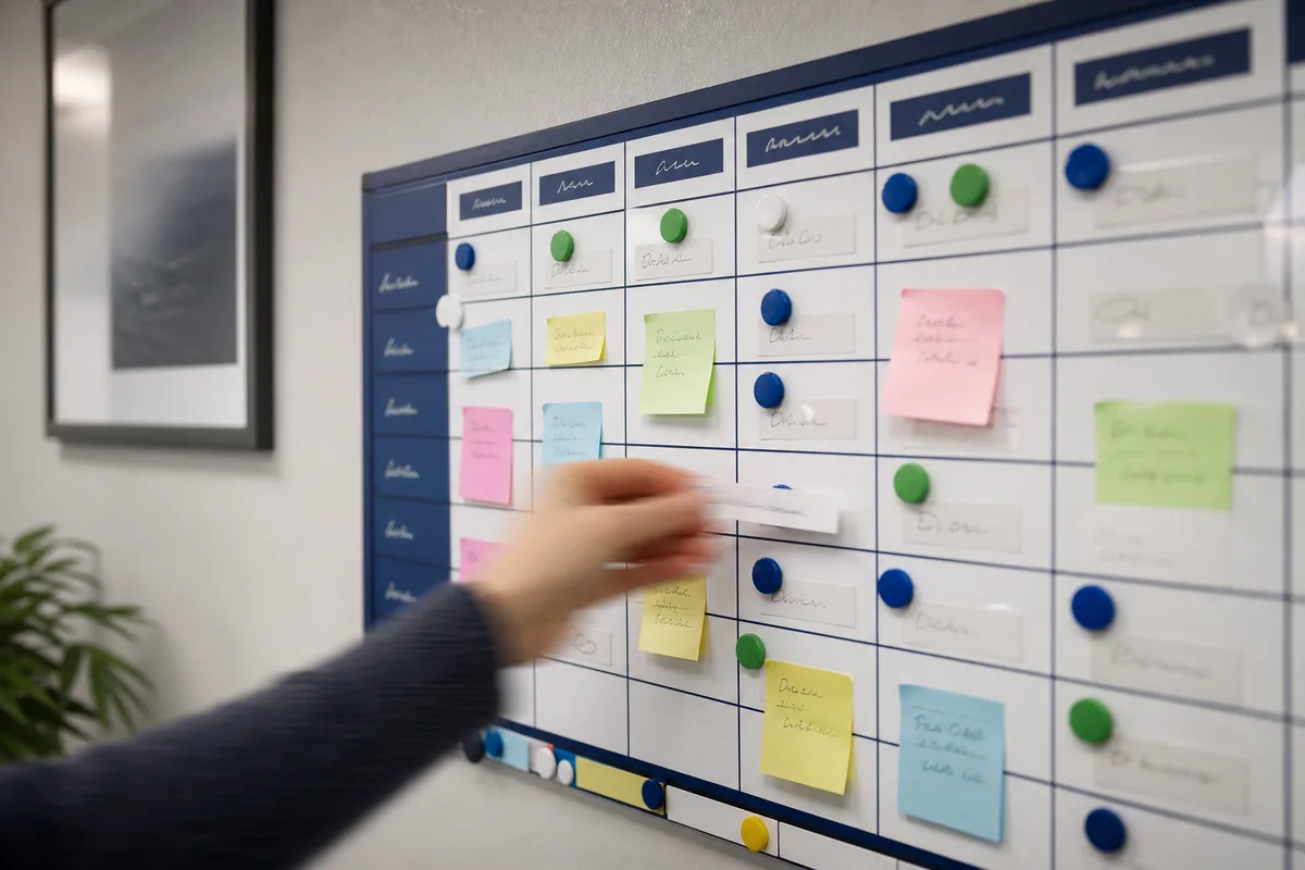 Planning hebdomadaire annote au mur d un bureau de structure d aide a domicile