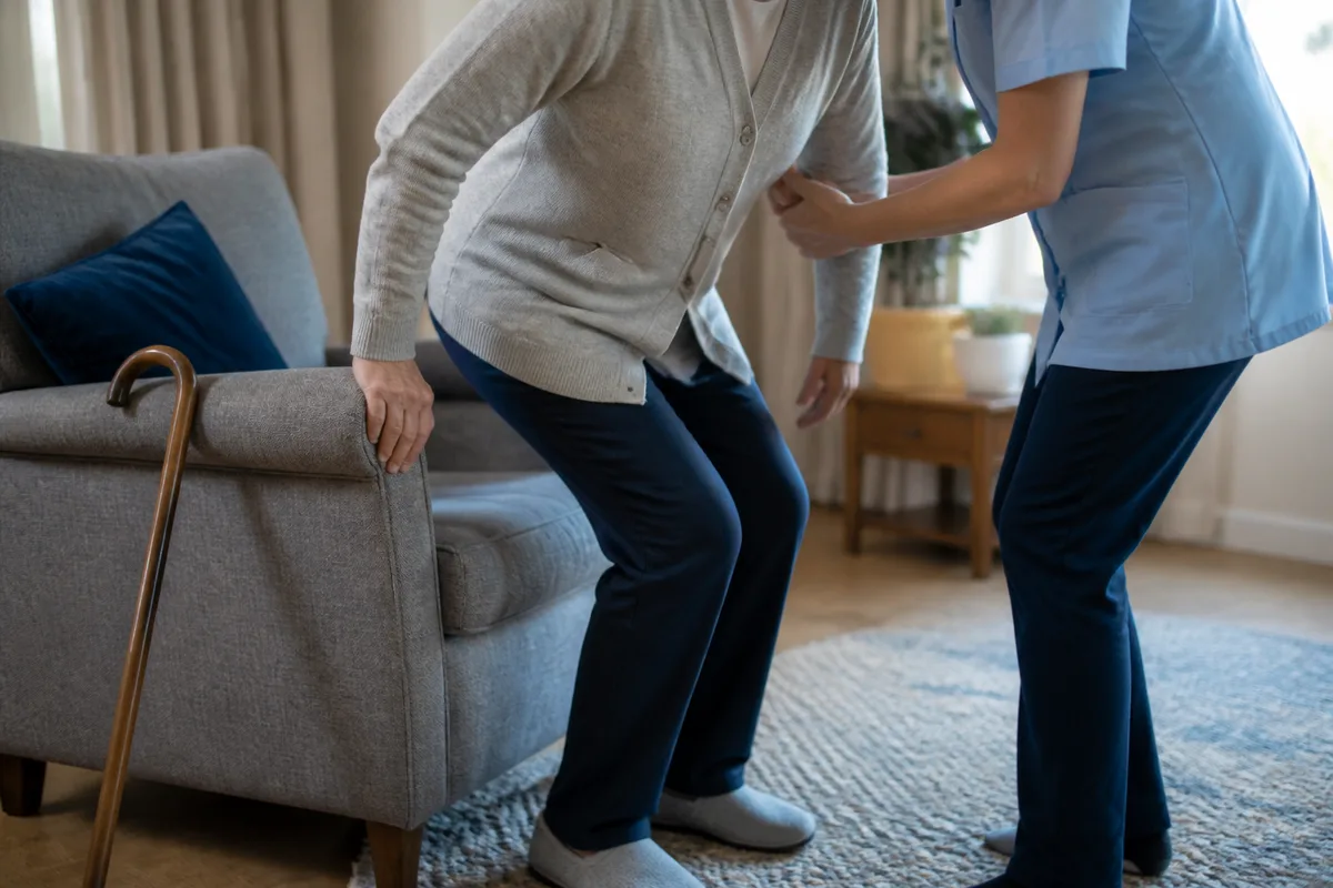 Intervenante à domicile aidant une personne âgée à se lever d&rsquo;un fauteuil dans un salon lumineux