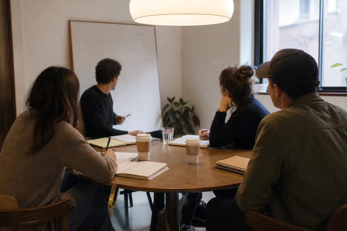 Réunion d&rsquo;équipe informelle entre plusieurs professionnels du service à la personne autour d&rsquo;une table, ambiance chaleureuse