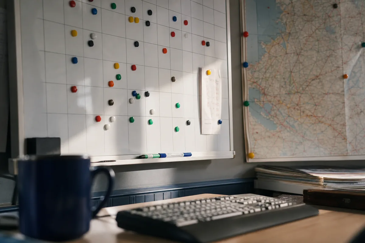 Bureau d&rsquo;agence de services à la personne avec planning mural et carte de secteur, lumière naturelle du matin