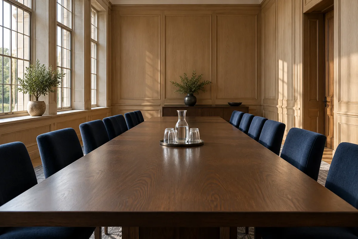 Salle de conseil vide avec une longue table en chêne sombre et des chaises bleu nuit alignées de part et d&rsquo;autre