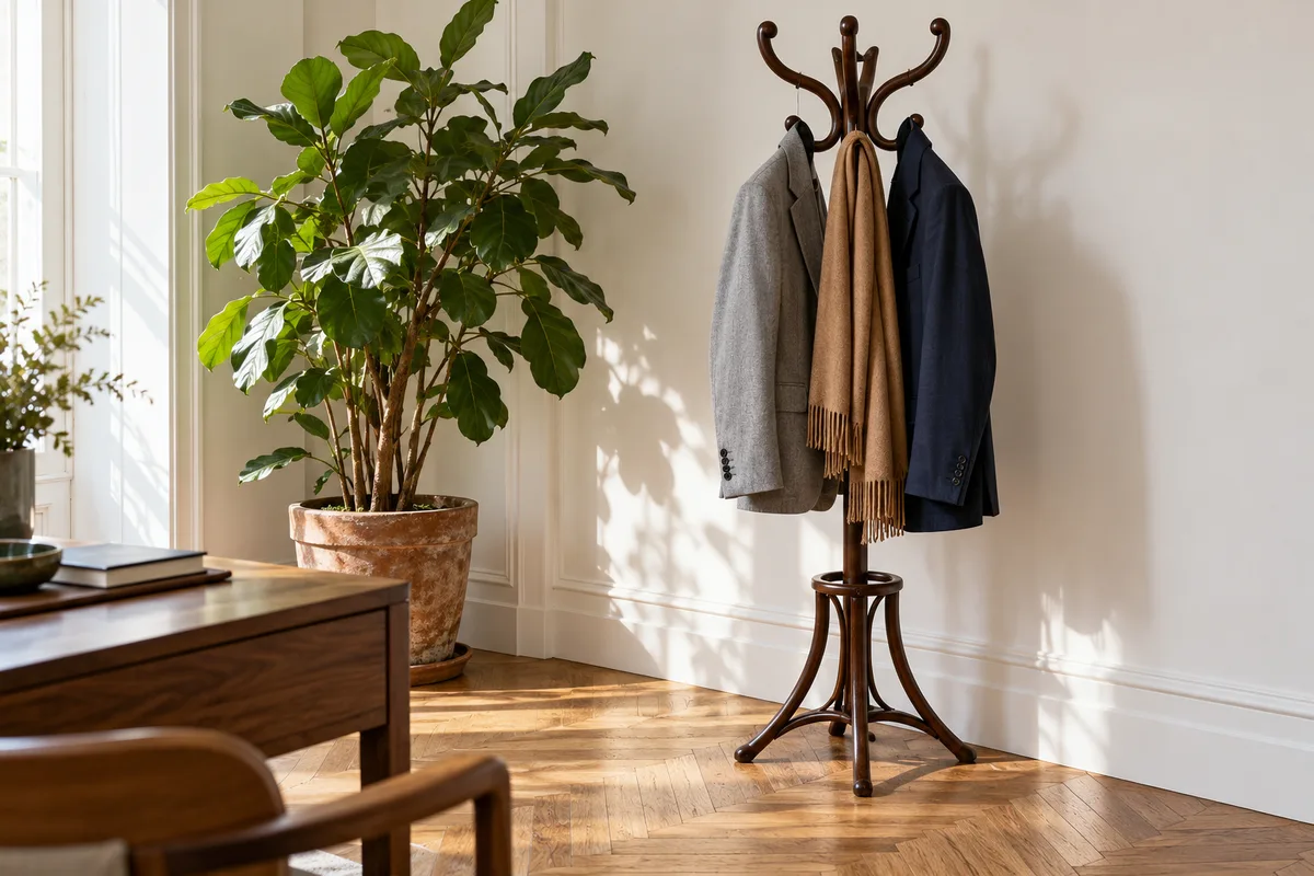 Deux vestes de costume, l&rsquo;une gris clair, l&rsquo;autre bleu marine, suspendues côte à côte sur un portemanteau en bois courbé dans un bureau lumineux