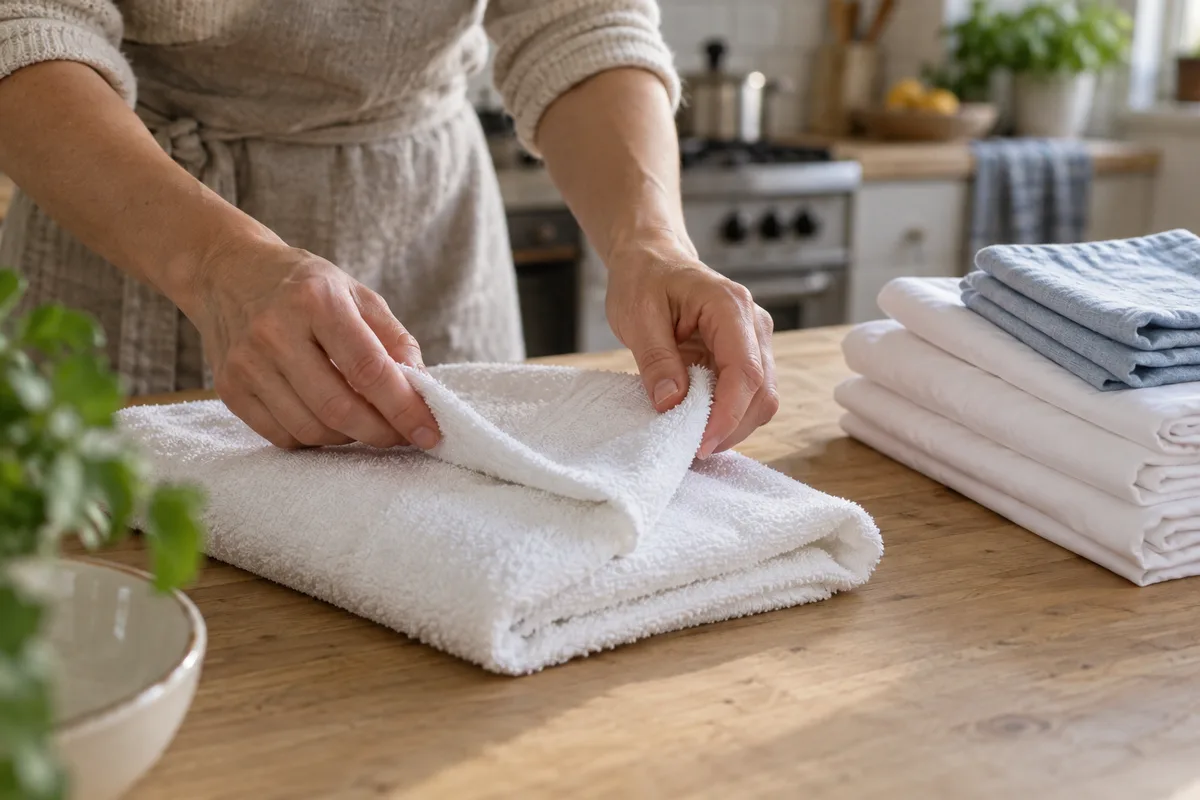 Mains qui plient du linge propre sur une table de cuisine lumineuse