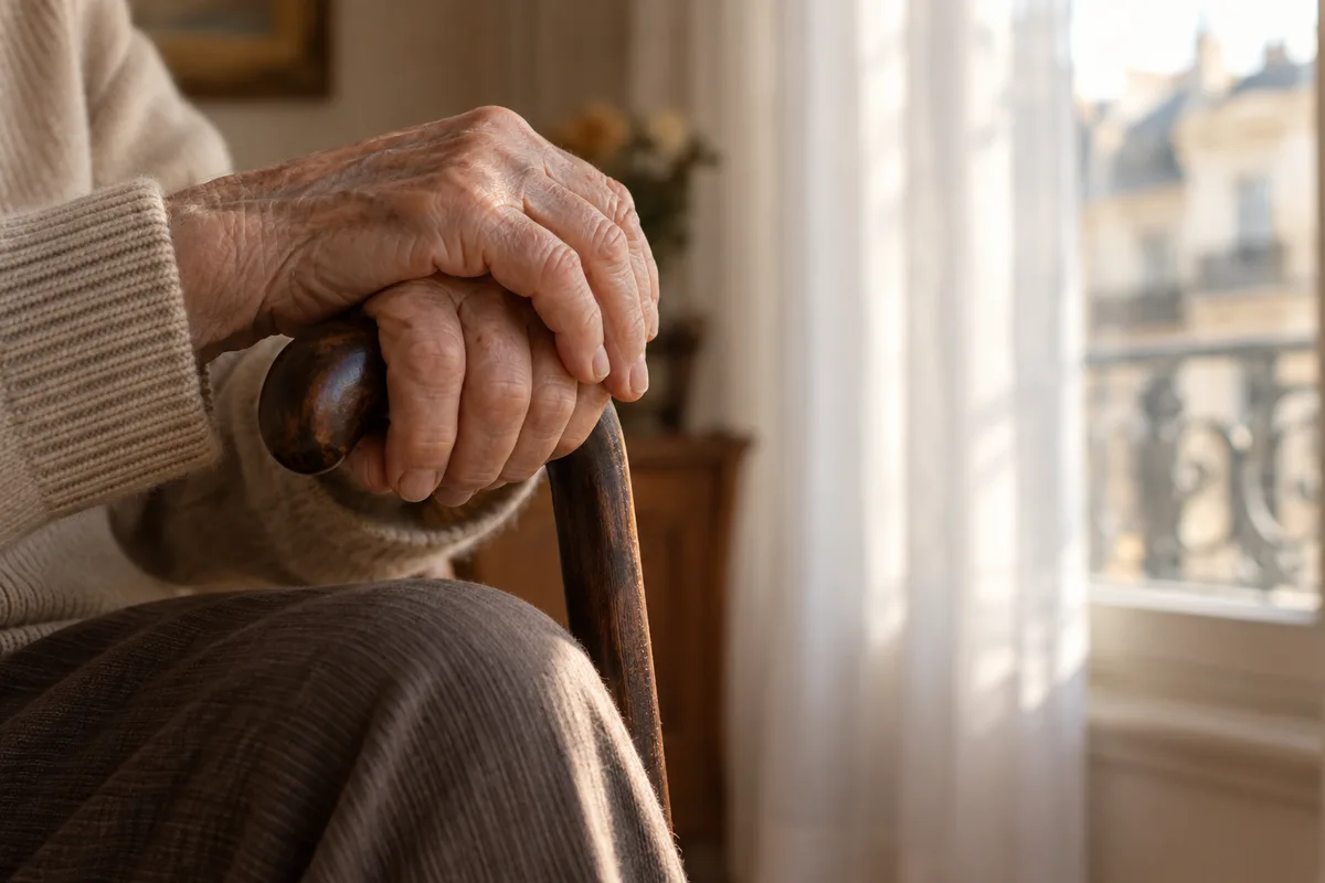 Mains d&rsquo;une personne âgée posées sur une canne en bois près d&rsquo;une fenêtre