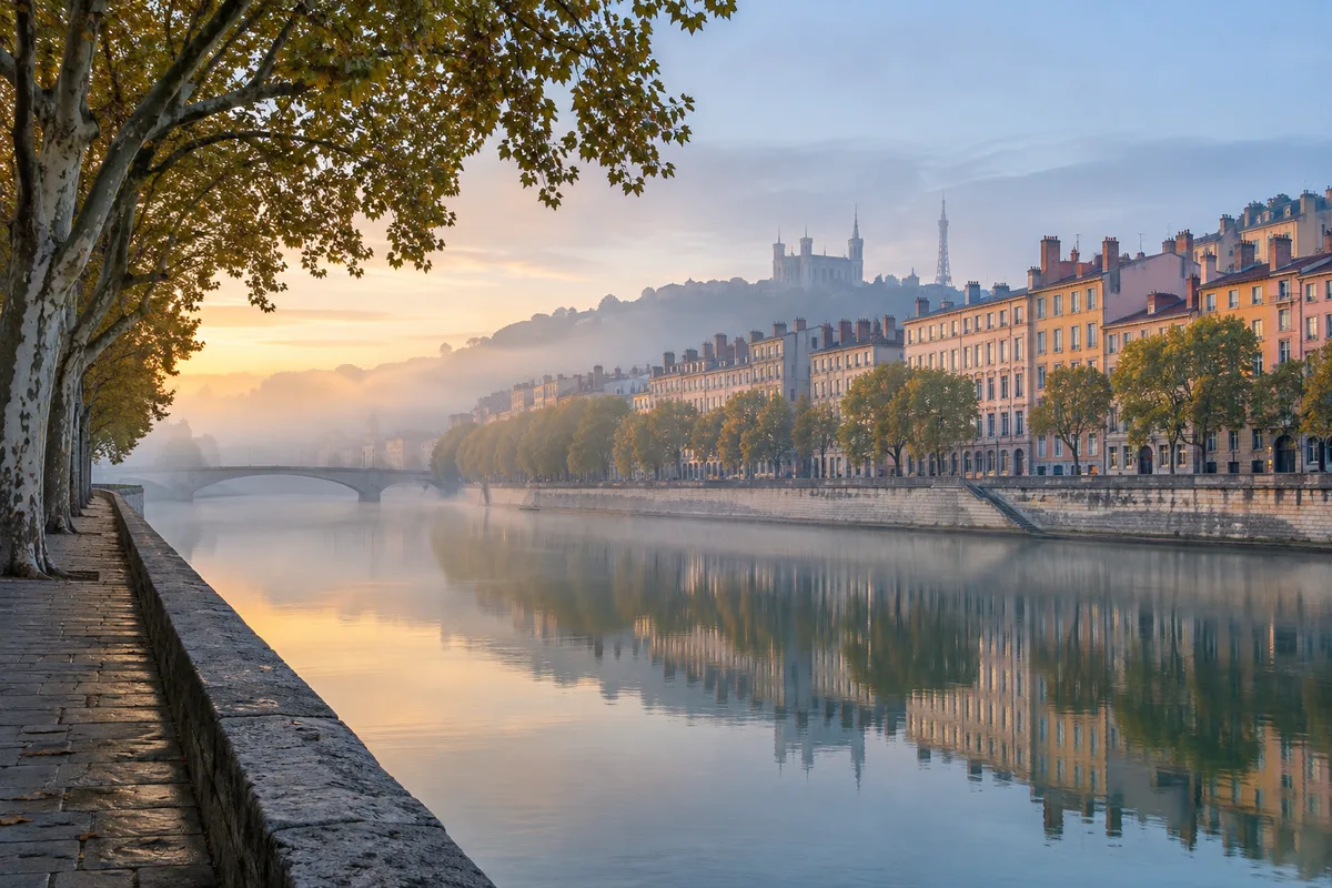 Quai de Saône au petit matin avec ses arbres et ses immeubles anciens