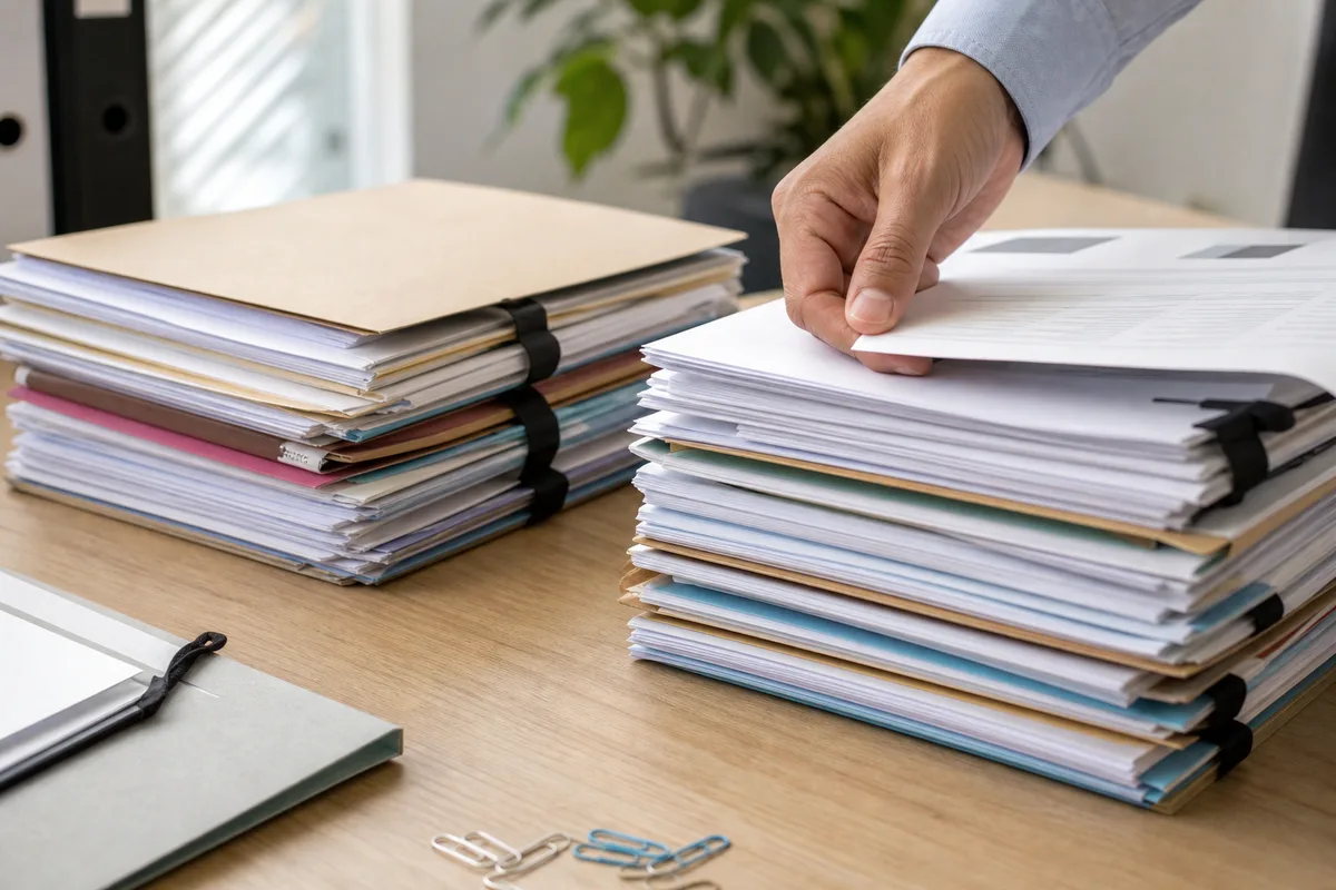 Classeurs comptables et factures triés en deux piles distinctes sur un bureau