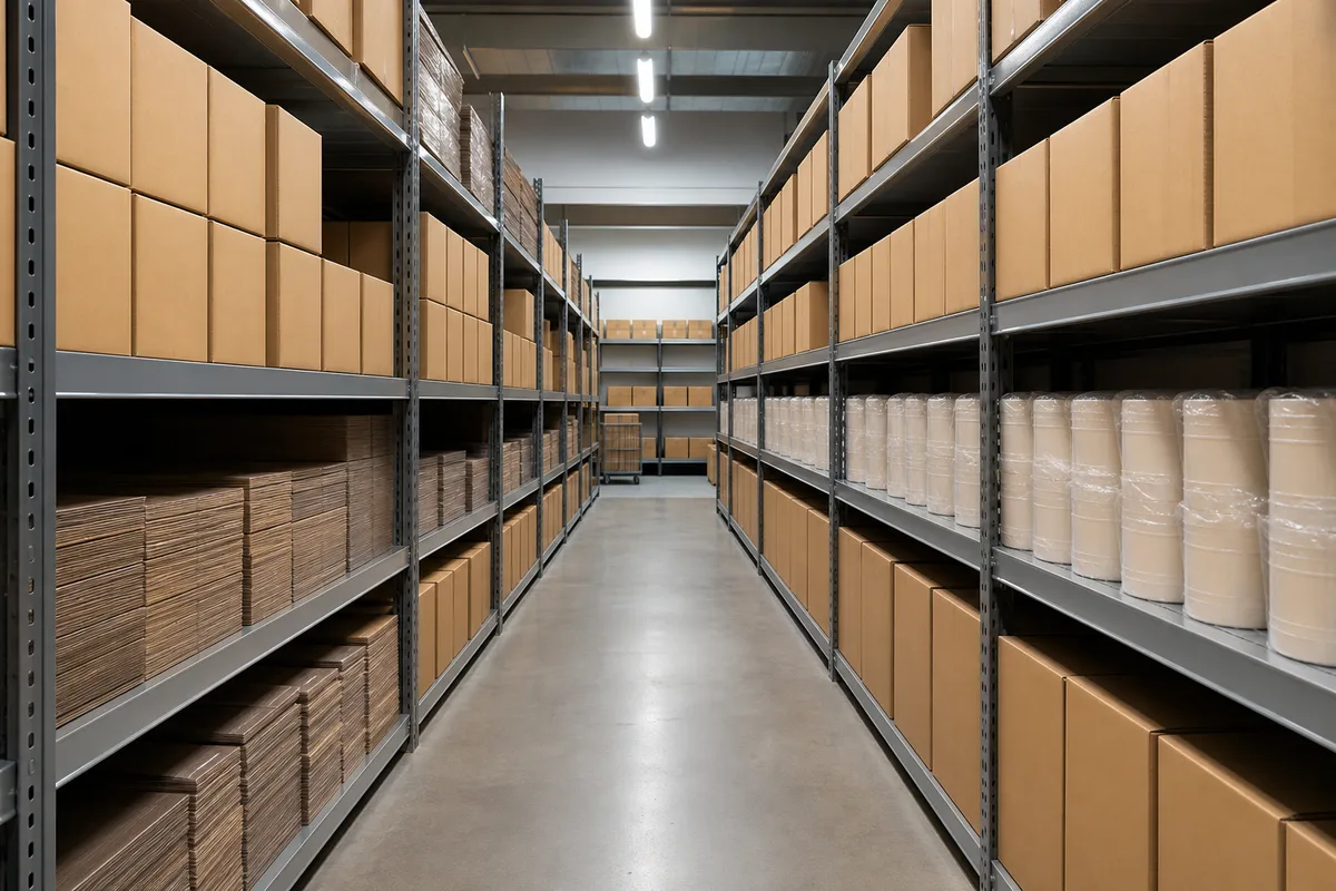 Rayonnages d&rsquo;entrepôt garnis de cartons de marchandises identiques