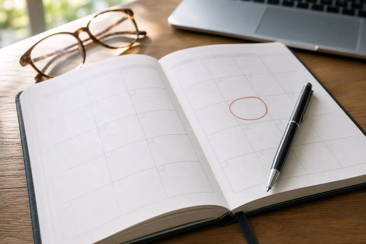 Agenda de bureau ouvert avec une date entourée au stylo