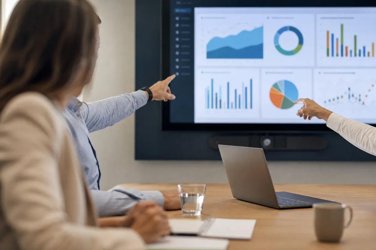 Petite équipe réunie autour d&rsquo;un écran affichant des graphiques de gestion